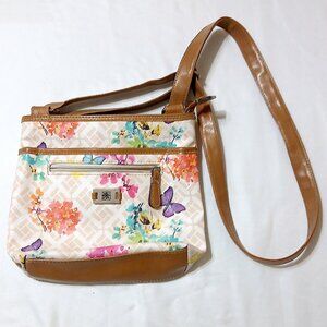 MultiSac Floral Butterfly Crossbody Bag Secret Garden Print Tan Vegan Leather